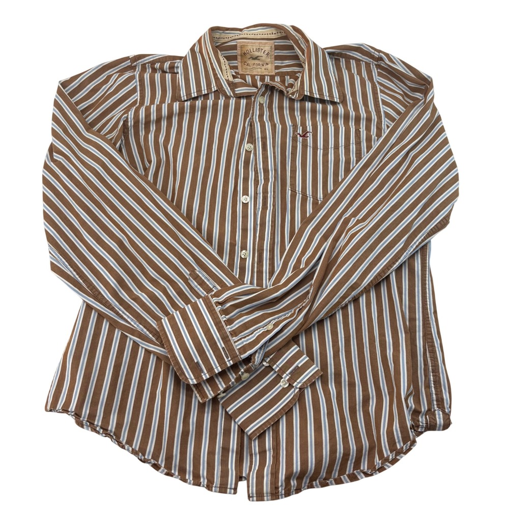 Hollister Mens XL Brown Blue White Striped Long Sleeve Cotton Button Down Shirt